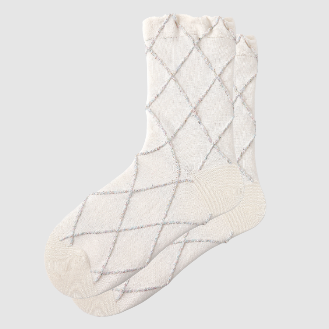 Women's Cream Plaid Cotton Crew Socks With Glitter