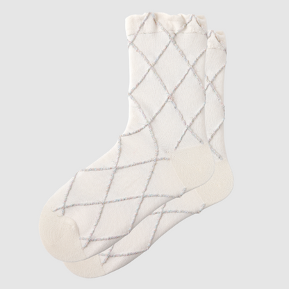 Women's Cream Plaid Cotton Crew Socks With Glitter