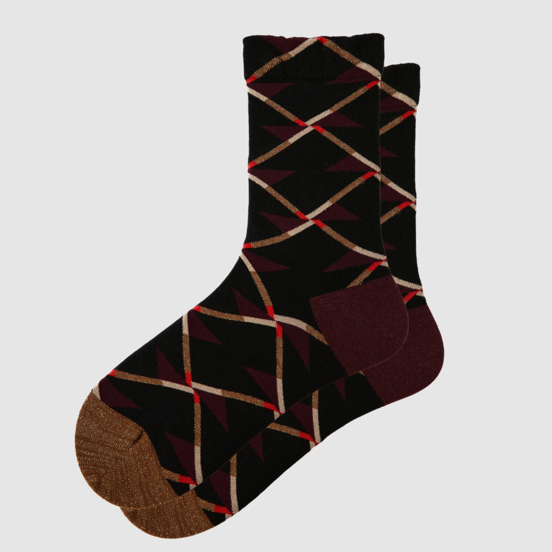 Women's Brown Plaid Heel & Toe Cotton Crew Socks With Glitter