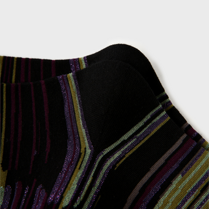 Women's Black Striped Heel & Toe Cotton Crew Socks With Glitter