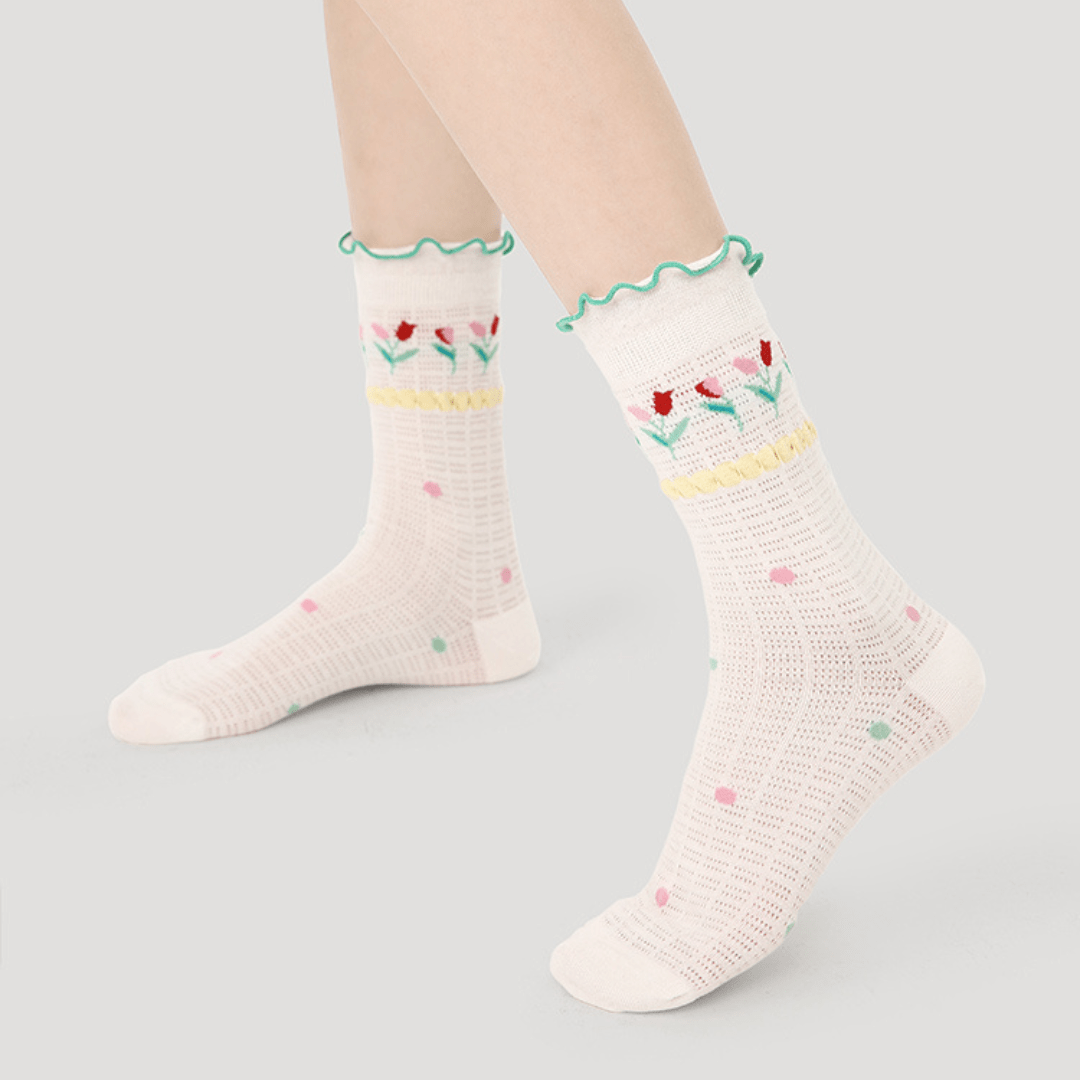 Renaissance Socks Crew Socks 4-10 5-Pack Women's Spring Floral Sheer Socks