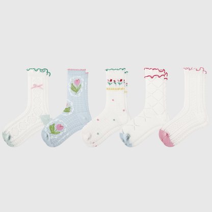 Renaissance Socks Crew Socks 4-10 5-Pack Women's Spring Floral Sheer Socks